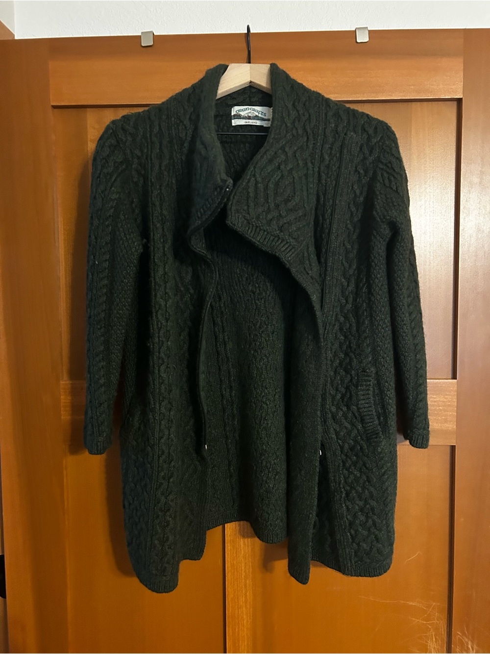 Aran Crafts Dark Green Cable-Knit Open Front Cardigan